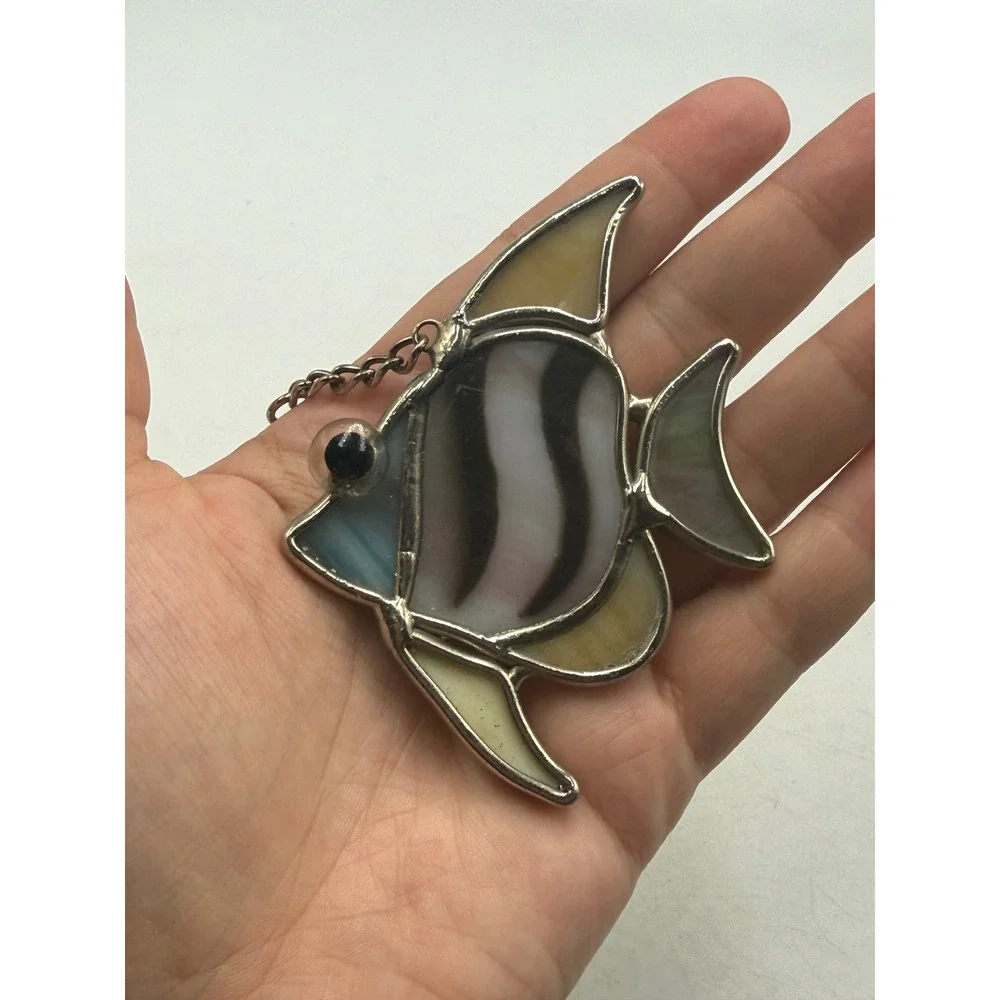 Vintage Stained Glass Angel Fish Suncatcher Iridescent Nautical Window Decor